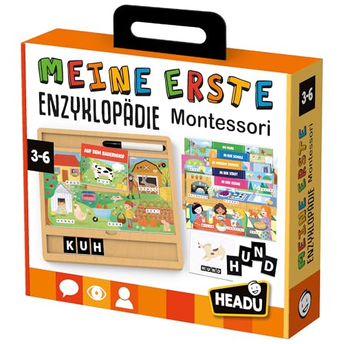 Headu „Meine erste Enzyklopädie Montessori – Wörter kennenlernen, schreiben und lesen!“: Lernspiel für Kinder im Alter von 3 bis 6 Jahren, deutsche Version (DE59001) von Headu