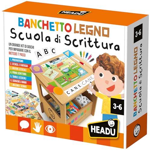 Headu Bankett aus Holz Schreibschule Zeichnen und schreibe mehr als 100 Wörter mit der Methode 7 Schritte IT59513 Lernspiel für Kinder von 3-6 Jahren, hergestellt in Italien von Headu