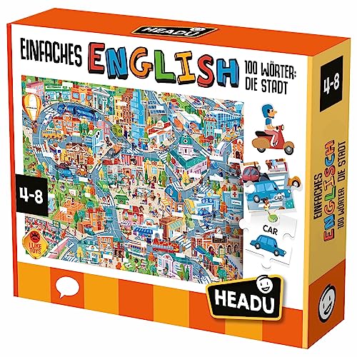 „Einfaches Englisch 100 Wörter - die Stadt (mit App) – Spielen und sofort effektiv Lernen!“: Lernspiel für Kinder im Alter von 4 bis 8 Jahren, deutsche Version (DE56291), Orange von Headu