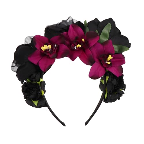 Healeved 1 Stk Rosen Blumen Stirnband Feiertagsblumenstirnband Stirnband Rose Stirnband Kunstblumen De Los Muertos Stirnband Rosenblüte Augapfel-haarspange Halloween Black Stoff von Healeved