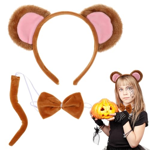 Healvian Tierkostüm Set Halloween Haarreifen Kopfschmuck mit Fliege Tierschwanz Stirnbänder Cosplay Tierkostüm Kinder mit Haarreif Tierstirnband Halloween Kostüm Requisite von Healvian