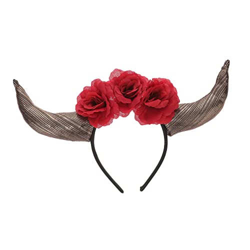 Healvian Tag Der Toten Stirnband Gothic-kostüm-stirnband Kopfbedeckung Aus Horn Gothic Hörner Stirnband Hornstirnband Mit Blumen Mädchen Stirnbänder Frau Stirnband Blumengirlande Stoff Rot von Healvian