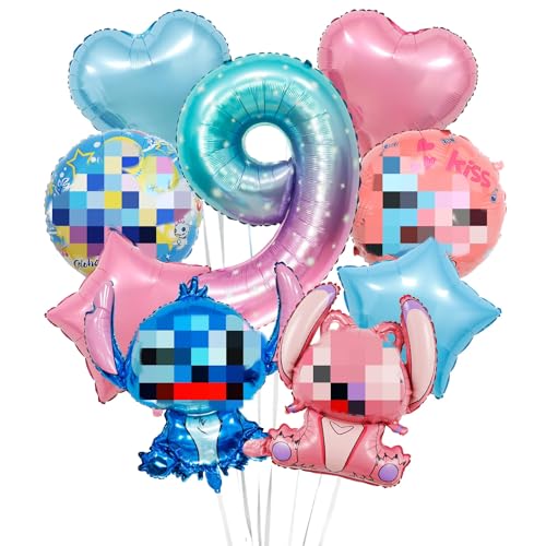 Heartsking Sti tch Geburtstagsdeko 9 Jahre, Kindergeburtstag Deko Karikatur Luftballons Geburtstag Set, Kindergeburtstag Folienballon, Geburtstag Party Deko für Junge und Mädchen von Heartsking