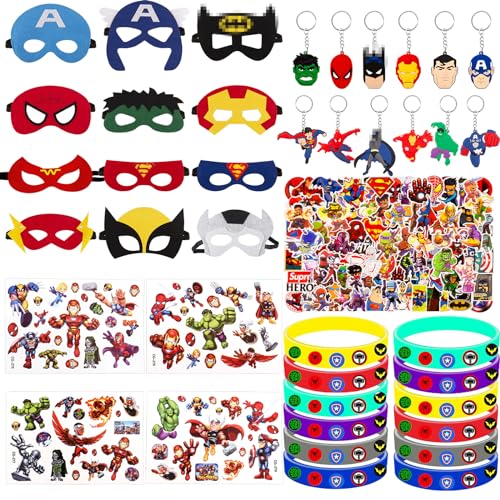 90Pcs Superhelden Mitgebsel Kindergeburtstag, Geburtstagsdeko Geburtstag Deko 12 Silikon Armbänder 12 Masken 12 Schlüsselschnalle 4 Tattoo 50 Aufkleber Zubehör Gadget Kinder von Heartsking