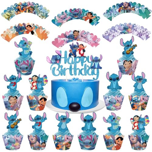 25 Stück Lilo Tortendeko, Happy Birthday Stitch Tortendeko Kuchen Deko Muffinförmchen Papier Geburtstagsdeko Geschenke Schulkind Geburtstag für Mädchen Jungen Kinder Cake Toppers Stit 25 Pcs von Heartsking