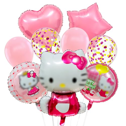 Heartsking Ki-tty Ballons Geburtstagsdeko, 9pcs Ki-tty Luftballon Geburtstag, Katze Geburtstagsdeko Folienballons, Ki-tty Ballon Deko für Mädchen Kindergeburtstag Party Supplies Deko von Heartsking