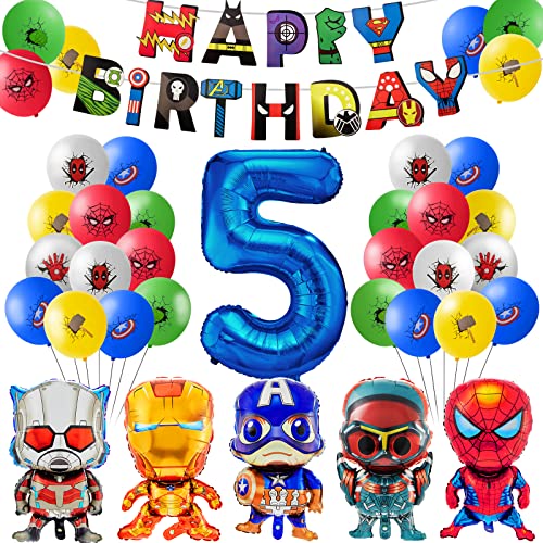 Kindergeburtstag Deko, 5 Jahre Superhelden Geburtstagsdeko Jungen,Avengers GeburtstagBallon Set, Geburtstag Banner Folienballon Riesenzahl für Kinder Party Decorations von Heartsking