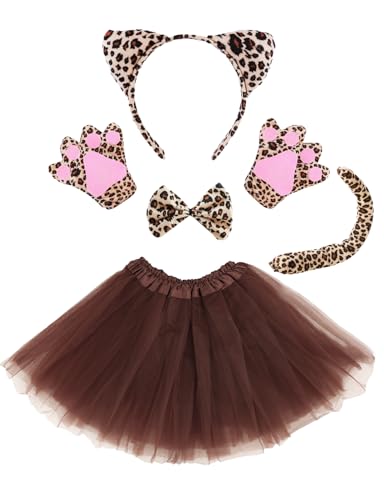 Heartsking Leoparden Kostüm Kinder, 5 Stück Tier Kostüm Set Inklusive Leoparden Ohren Stirnband Schwanz Fliege Handschuhe Tutu Rock, Kinderkostüme Mädchen für Leopard Cosplay Halloween Karneval Party von Heartsking