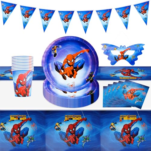 Heartsking Birthday Party Tableware 52 Stück Spider Geburtstag Deko Partygeschirr Set,Geschirrset mit Party Pappteller Becher Servietten Tischdecke Kindergeburtstag Geburtstagsdeko von Heartsking