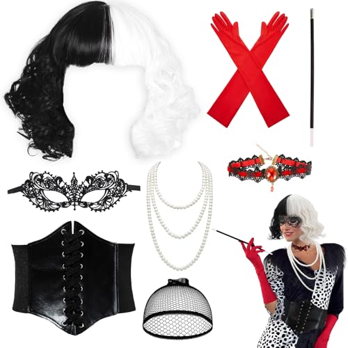 Heartsking Cruella Devil Kostüm Damen, Cruella Kostüm Mit Roten Vintage Handschuhe, 70er Jahre Bekleidung Damen, Cruella Devil Zauberin Kostüm Damen für Halloween Karneval Kostüm Cosplay von Heartsking