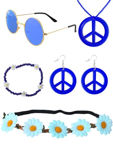 Heartsking Hippie Accessoires, Hippie Kostüm Damen 5 Stück Blau 70er Jahre Accessoires, Flower Power Accessoires Zubehör, 60er 70er Kostüm Zubehör für Halloween Mottopartys Disco Party von Heartsking