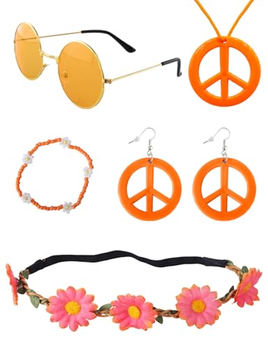 Heartsking Hippie Accessoires, Hippie Kostüm Damen 5 Stück Orange 70er Jahre Accessoires, Flower Power Accessoires Zubehör, 60er 70er Kostüm Zubehör für Halloween Mottopartys Disco Party von Heartsking