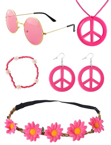 Heartsking Hippie Accessoires, Hippie Kostüm Damen 5 Stück Rosenrot 70er Jahre Accessoires, Flower Power Accessoires Zubehör, 60er 70er Kostüm Zubehör für Halloween Mottopartys Disco Party von Heartsking