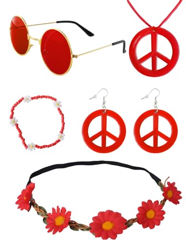 Heartsking Hippie Accessoires, Hippie Kostüm Damen 5 Stück Rot 70er Jahre Accessoires, Flower Power Accessoires Zubehör, 60er 70er Kostüm Zubehör für Halloween Mottopartys Disco Party von Heartsking