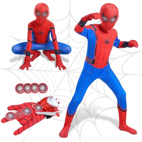 Heartsking Spider Kostüm Kinder, Spder Suit Superhelden Costume 3D Anime Anzug Kinder Jungen Spider Kleidung Kinder mit Maske Web Shooter für Halloween Fasching Karneval Cosplay 3-12 Jahre von Heartsking