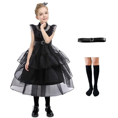 Heartsking Kostüm Mädchen, Kostüm Kinder mit Socken und Gürtel Mitbringen, Faschingskostüme Kinder, Cosplay Halloween Christmas Karneval Action Dress Ups und Zubehör Party Schwarz Dress Kleid von Heartsking