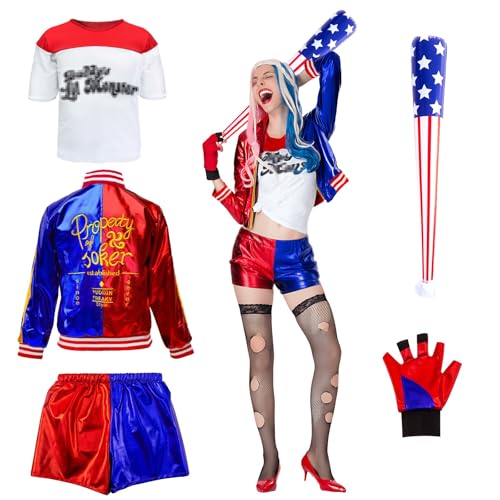 Quinn Kostüm Damen, Halloween Kostüm für Erwachsene Harlekin Kostüm Damen Cosplay Kostüme mit Jacke T-shirt Shorts Handschuhe Baseballschläger Halloween Karneval Cosplay von Heartsking