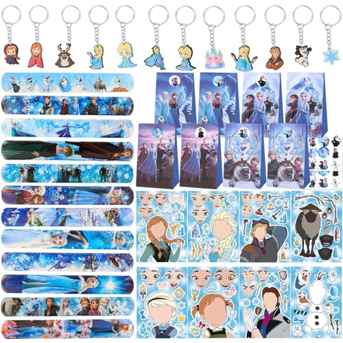 70 Pcs Mitgebsel Kindergeburtstag, Eiskönigin Geburtstag Deko Frozen Geburtstagsdeko 16 DIY Aufkleber 12 Schlüsselschnalle 12 Schnapparmband Kinder 12 Geburtstagstüten 18 Geburtstagstüten Aufkleber von Heartsking