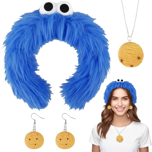 Heartsking Krümelmonster Kostüm Damen, Krümelmonster Haarreif+Cookie Halskette+Cookie Ohrring Krümelmonster Accessories, Krümelmonster Kostüm für Karneval Motto Party Keks-Liebhaber von Heartsking