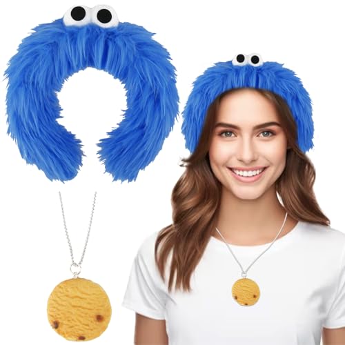 Heartsking Krümelmonster Kostüm Damen, Krümelmonster Haarreif Karneval Halskette Damen Kinder, Cookie Monster krümelmonster accessoires Haarreif Halskette für Karneval Cosplay Keks-Liebhaber von Heartsking