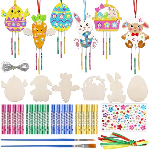 Heartsking Ostern Windspiel Bastelset Kinder, 12tlg Osterbasteln mit Kindern, Kaninchen Ostereier Bastelset Holzbastelsets für Kinder mit Pinsel Bastelhandwerk zum Bemalen für Osterdeko Frühling von Heartsking