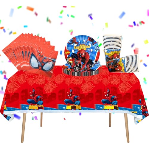 Deko Geburtstag Kinder, 41 Stück Spide Geburtstagsdeko Geschirr Kit, Cartoon Partygeschirr Kindergeburtstag mit Servietten, Tasse, Platte für Mädchen Junge 10-20 Person Dekoration Geburtstag von Heartsking