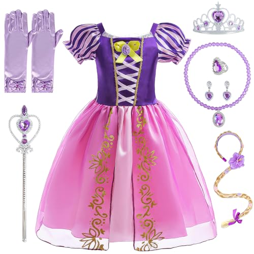 Heartsking Prinzessin Kleid Mädchen, Lila Kostüm Rapunzel Kostüm Mädchen Prinzessin Rapunzel Kostüm Kleid mit Zauberstab und Krone Cosplay für Karneval Party Verkleidung Kostüm Kinder von Heartsking