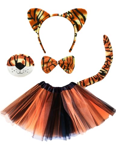 Heartsking Tiger Kostüm Kinder, 5 Stück Tier Kostüm Set Inklusive Tigerohren Stirnband Schwanz Fliege Nasen Tutu Rock, Kinderkostüme Mädchen für Tiger Cosplay Halloween Karneval Party von Heartsking