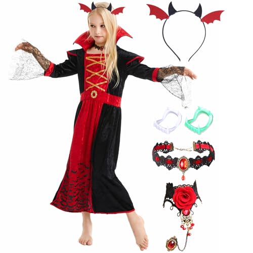 Heartsking Vampir Kostüm Mädchen Halloween Kostüm Kinder Gothic Royal Vampirin Königin Kleid mit Vampir Zähne Halskette Armband Vampir Kostüm Kinder für Halloween Karneval Cosplay Party(L) von Heartsking