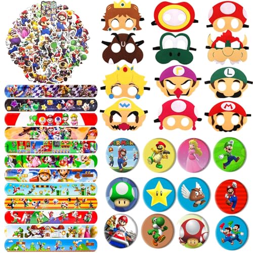 Mitgebsel Kindergeburtstag, 86 Pcs Mitgebsel Spielzeug Geburtstagsdeko 12 Masken 12 Abzeichen 12 Schnapparmband Kinder 50 Aufkleber Geburtstag Deko Spielzeug Set Festival Zubehör Gadget Kinder von Heartsking