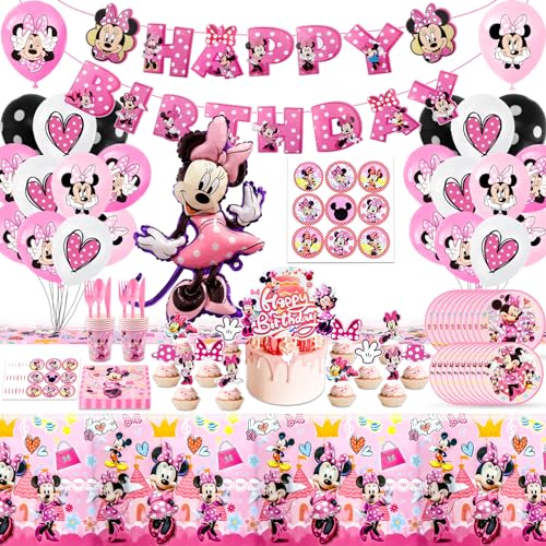 Partygeschirr Kindergeburtstag-141 Stück Minnie Mouse Geburtstagsdeko Geburtstag Geschirr Kit Geburtstagsdeko Rosa Partygeschirr Pappteller Pappbecher Servietten Teller für Kinder von Heartsking