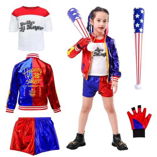 Quinn Kostüm Kinder, Squad Kostüm Halloween Mädchen Kostüm Harlekin Kostüm Damen mit Jacke T-shirt Shorts Handschuhe Baseballschläger für Karneval Cosplay Kostüme von Heartsking