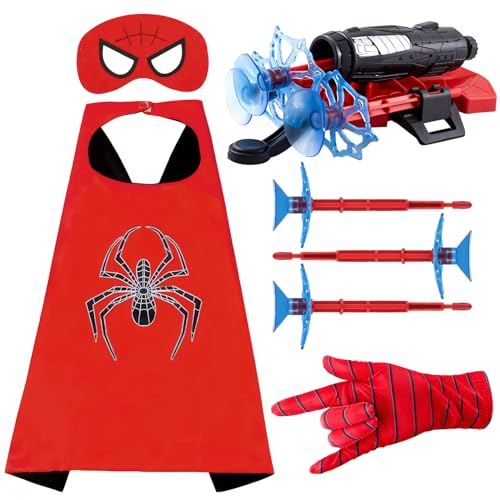 Spide Web Shooter, 7 Stück Netzwerfer Kinder Launcher Handschuhe Launcher Spielzeug mit Cosplay Glove Launcher, Umhang und Augenbinde Geschenk für Kinder von Heartsking