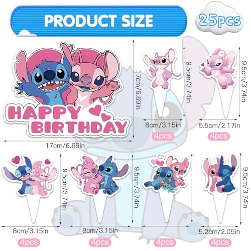 25 Stück Lilo Rosa Tortendeko, Happy Birthday Tortendeko Kuchen Deko Geburtstagsdeko Stitch Geschenke Schulkind Cupcake Topper Tortendeko Geburtstag Deko für Mädchen Jungen Kinder von Heartsking