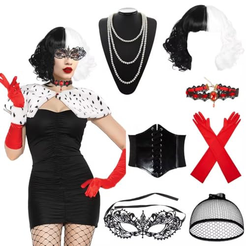 Cruella Kostüm Damen, Halloween Kostüm Damen 70er Jahre Accessoires Perücke Schwarz Weiß mit Spitze Maske, Handschuhe, Perlenkette Halskette, Gürtel für Karneval Halloween Accessoires Damen Cosplay von Heartsking