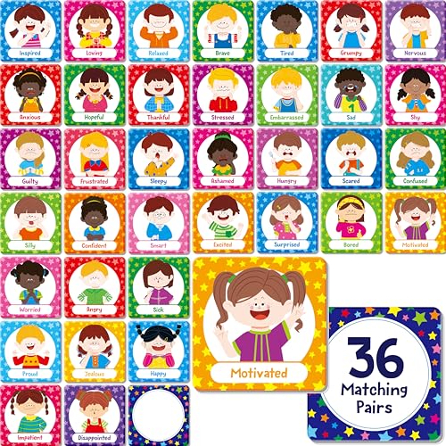 72 Stück Emotions-Matching-Spiel, 36 Paare Gefühle Memory Matching Karten, Emotionale Lernaktivitäten, Beruhigungsbereich Zubehör für Babys, Kleinkinder, Vorschulkinder, Kindergarten, Autismus, ADHS von Hebayy