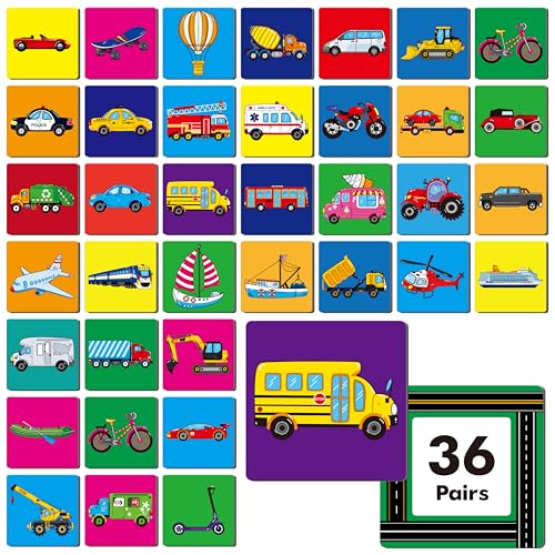 Fahrzeug-Matchingspiel, 72 PCS Verkehrsgedächtnis-Matching-Karten für Kleinkinder, 36 Paare Transportgedächtnis-Karten, pädagogisches Spielzeug für Vorschulkinder Jungen & Mädchen 4 5 6 Jahre alt von Hebayy