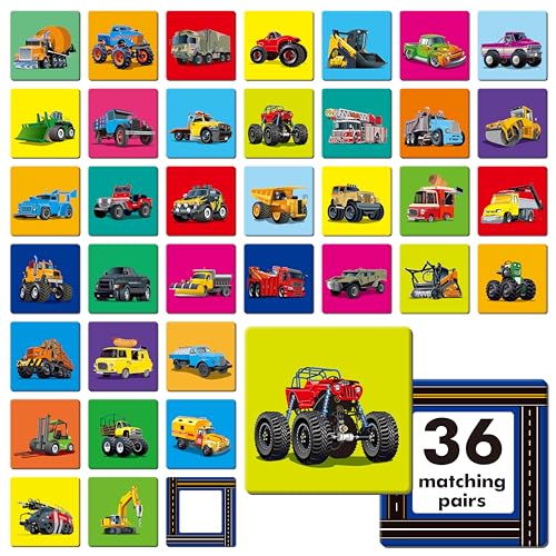 Hebayy Truck Matching Spiel, 72 PCS Verkehrs Memory Matching Karten für Kleinkinder 36 Paare Transport Memory Karten Pädagogisches Spielzeug für Vorschulkinder & Mädchen 4 5 6 Jahre alt von Hebayy