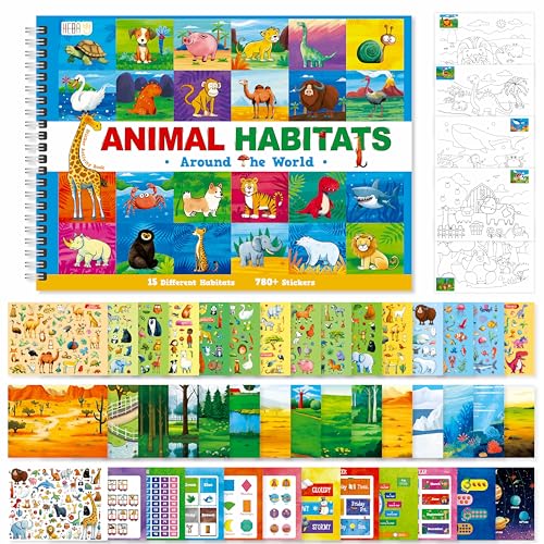 Tierlebensraum-Stickerbuch, 780+ Aufkleber & 15 Tierlebensraum-Szenen, Aktivitätsbuch für lustige Aufkleberbücher, Bildungsspiel - ideal für Kleinkinder, Kinder, Jungen und Mädchen von Hebayy