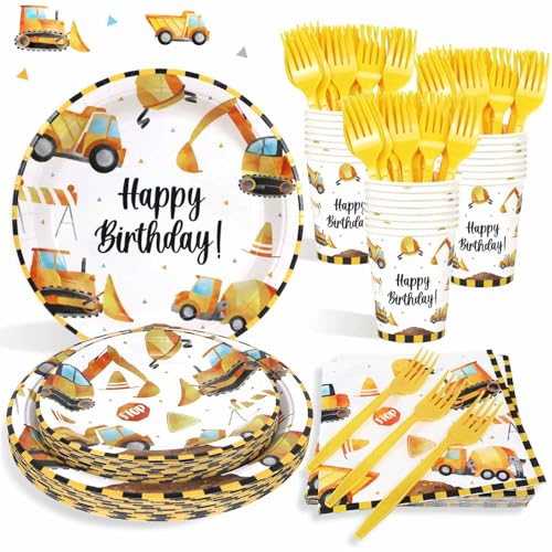 Heboland Bagger Deko Kindergeburtstag Pappteller Set für 25 Gästen, 125pcs wiederverwendbare Pappteller Geburtstag Becher Servietten für Bagger Kindergeburtstag Party Baustellen Deko von Heboland