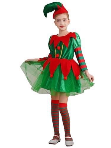 Hedmy 3Pcs Mädchen Grüne Elfe Kostüm Weihnachten Kleider mit Elf Hut und Streifen Strümpfe für Karneval Cosplay Party Grün 122-128 von Hedmy