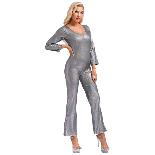 Hedmy 70er Jahre Disco Outfit Damen Bodysuit Glitzernde Tanz Jumpsuit Fasching Karneval Kostüm Disco Party Clubwear Schwarz L von Hedmy