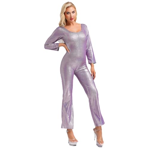 Hedmy 70er Jahre Disco Outfit Damen Bodysuit Glitzernde Tanz Jumpsuit Fasching Karneval Kostüm Disco Party Clubwear Violett L von Hedmy