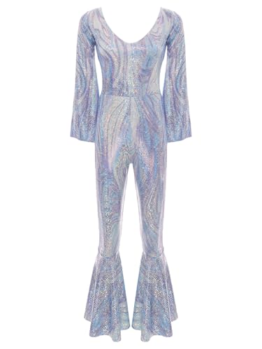 Hedmy 70er Jahre Disco Outfit Damen Schlagerparty Outfit Bodysuit Fasching Karneval Kostüm Disco Party Tanz Outfit für Bühnenauftritt Silber M von Hedmy