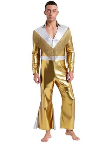 Hedmy 70er Jahre Herren Disco Anzug Glitzer Hippie Outft Reggae Quasten Metallic Jumpsuit Mit Schlag Festival Fasching Kostüm Gold XL Hedmy 70er Jahre Herren Disco Anzug Glitzer Hippie Outft Reggae Quasten Metallic Jumpsuit Mit Schlag Festival Fasching Kostüm Gold XL von Hedmy
