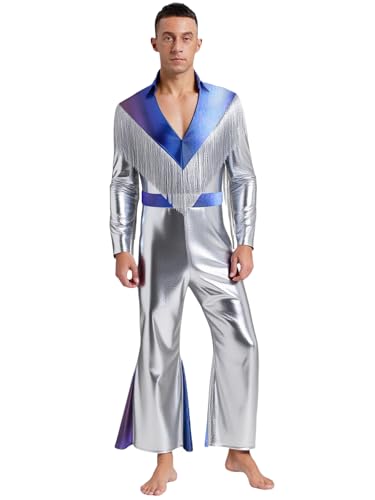 Hedmy 70er Jahre Herren Disco Anzug Glitzer Hippie Outft Reggae Quasten Metallic Jumpsuit Mit Schlag Festival Fasching Kostüm Silber L Hedmy 70er Jahre Herren Disco Anzug Glitzer Hippie Outft Reggae Quasten Metallic Jumpsuit Mit Schlag Festival Fasching Kostüm Silber L von Hedmy