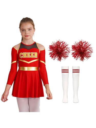Hedmy Cheer Leader Kostüm Kinder Cheerleadering Outfit Mädchen Tanzkleid Langärmliges Kleid mit Pompons Socken Halloween Kostüm B Rot 146-152 von Hedmy