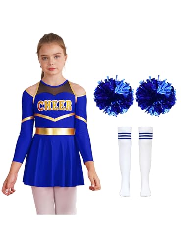 Hedmy Cheer Leader Kostüm Kinder Cheerleadering Outfit Mädchen Tanzkleid Langärmliges Kleid mit Pompons Socken Halloween Kostüm Ein Königsblau 146-152 von Hedmy