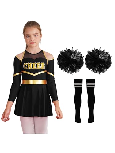 Hedmy Cheer Leader Kostüm Kinder Cheerleadering Outfit Mädchen Tanzkleid Langärmliges Kleid mit Pompons Socken Halloween Kostüm Ein Schwarz-Weiß 122-128 von Hedmy