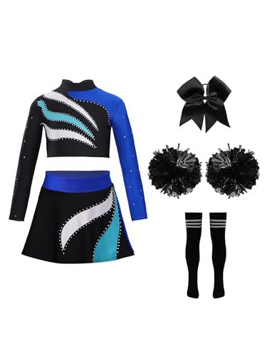 Hedmy Cheerleadering Karneval Kostüm Kinder Tanz Uniformen mit Pompons Socken und Haarzubehör für Karneval Halloween Mottoparty Blau 146-152 von Hedmy